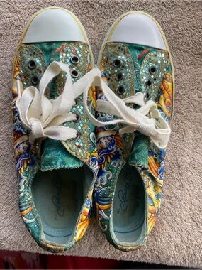 Vintage Ed Hardy Sequin Koi Wave Tattoo Low Top Sneakers Size 8 GUC
